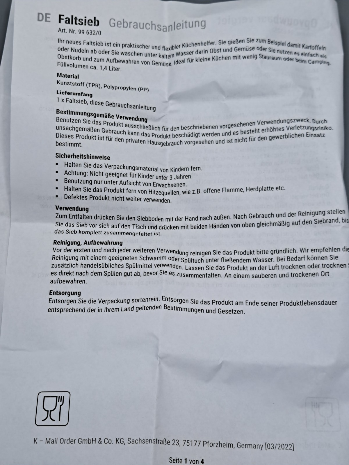 Faltsieb, Küchenhelfer, 1,4 Liter Volumen