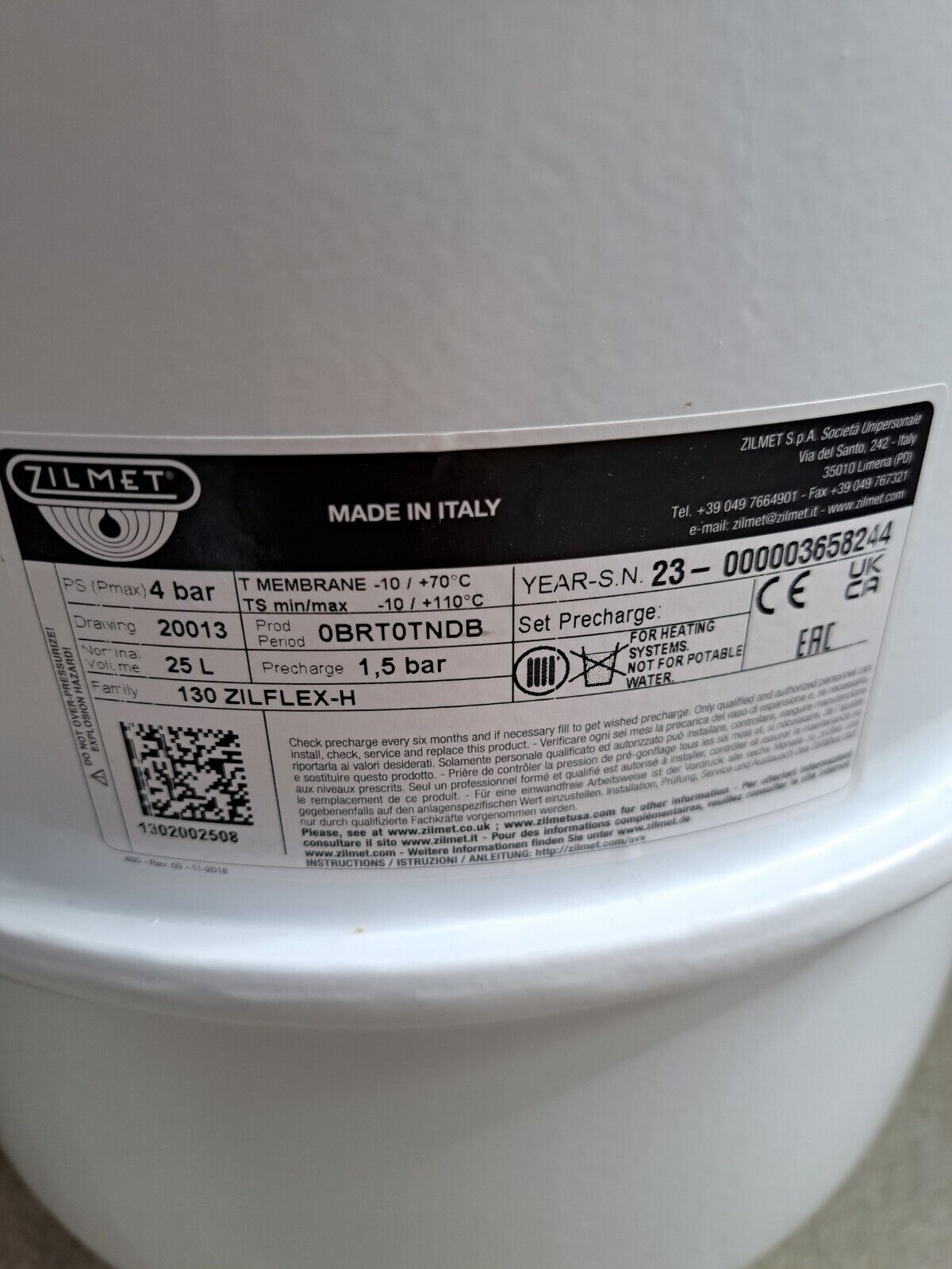 Zilmet Zilflex H 25 Ausdehnungsgefäß MAG weiß 1,5 bar Vordruck 25l für Heizung 1