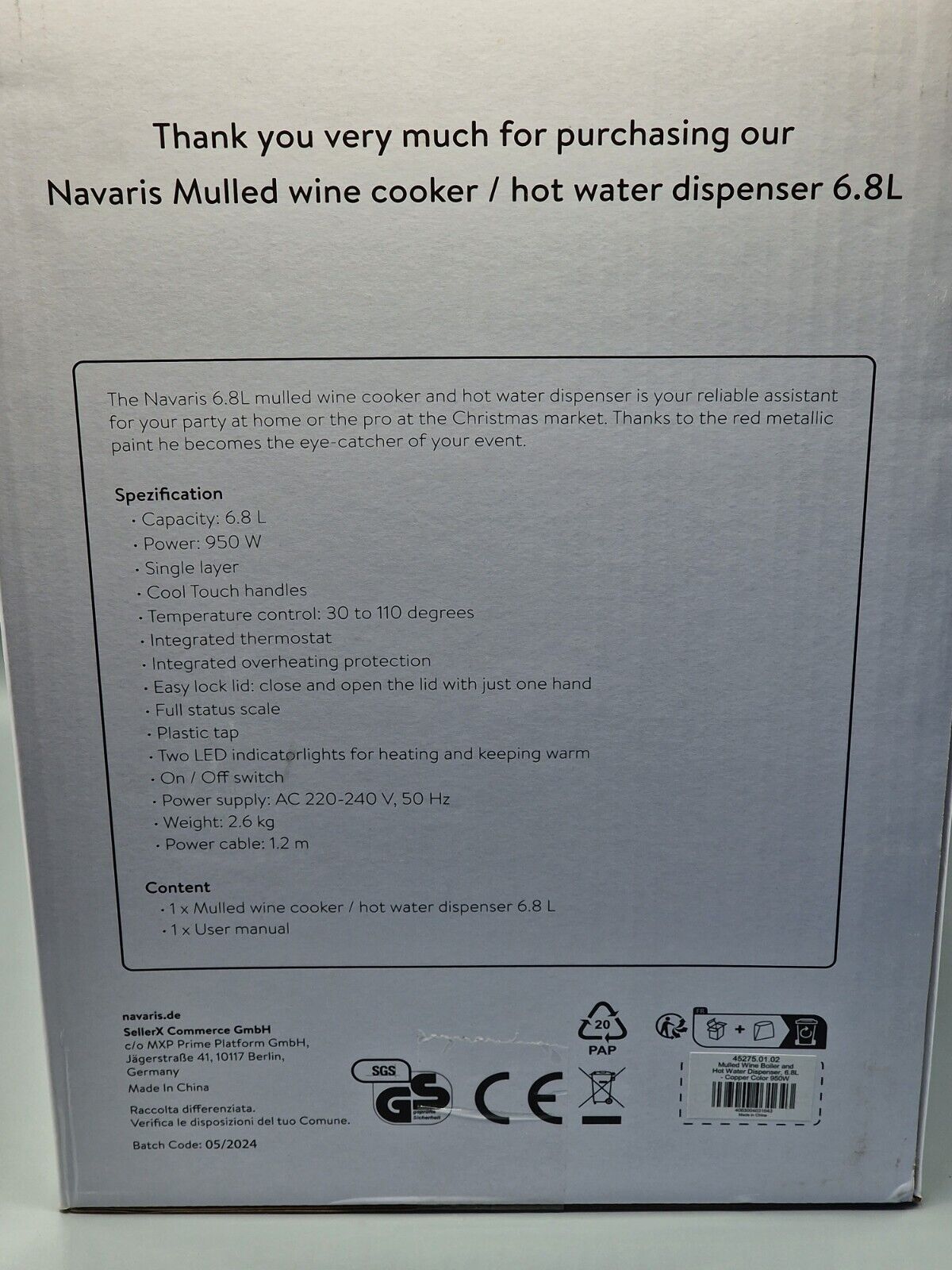 Navaris Mulled Wine Cooker, Heißwasserspender, 6,8 Liter