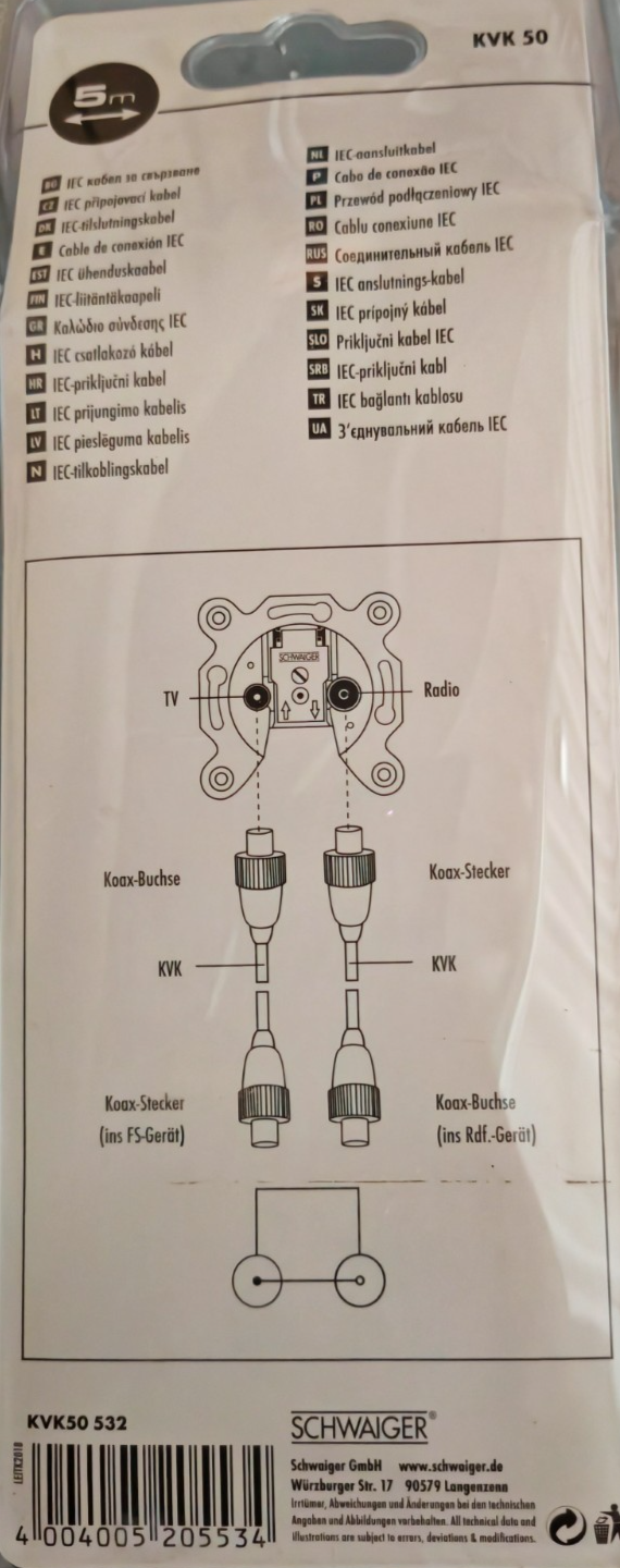 Schwaiger KVK 50 IEC Antennenkabel 5m Weiß 75dB TV Kabel Koax Anschlusskabel A4