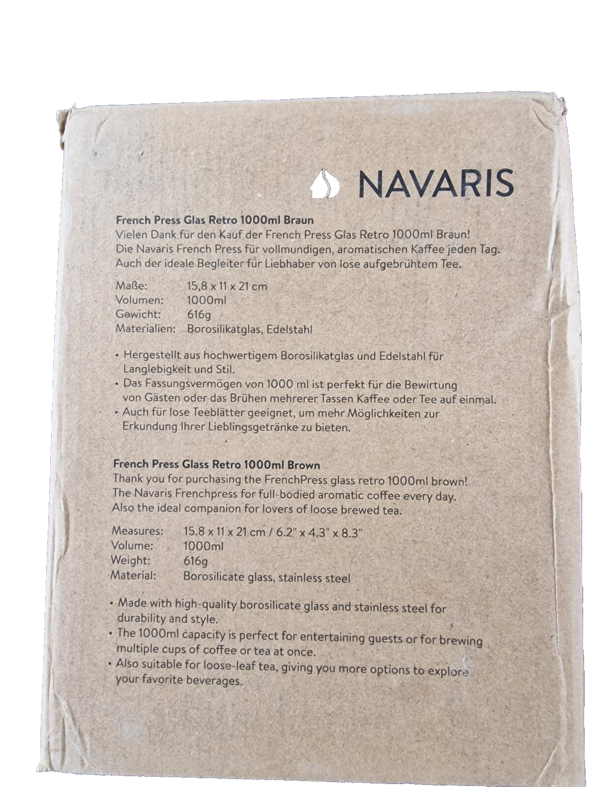NAVARIS French Press Kanne, Retro, 1000 ml, Braun
