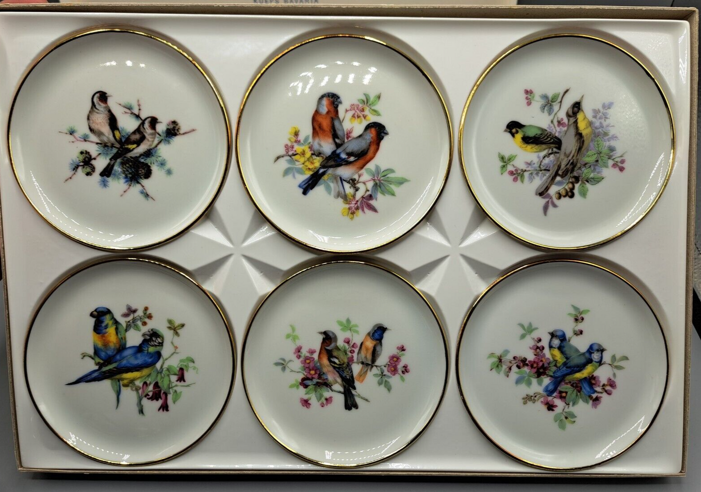 Lindner Porzellanfabrik, Sammlerstück, 6 Unterteller, Vogelmotiv 134/10