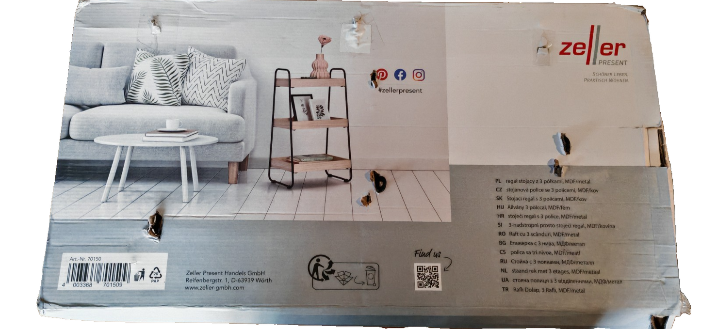 Zeller Standregal 3 Ablagen MDF Metall 40x30x70 cm Aufbewahrungsregal