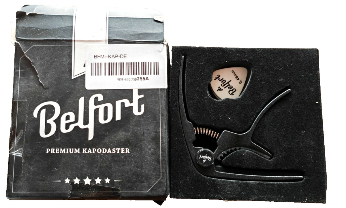 Belfort Premium Kapodaster Gitarre Capo Schwarz inkl. Plektrum 0,46 mm D8