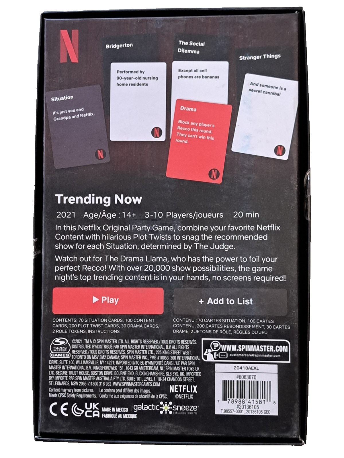Netflix Trending Now Partyspiel Spin Master Kartenspiel Englisch 3-10 Spieler D4