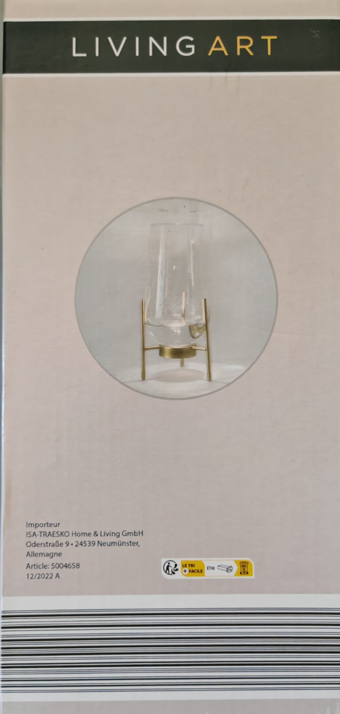 LIVING ART LED Glasvase 29cm Gold Metallständer Timer Deko Blumenvase HA33