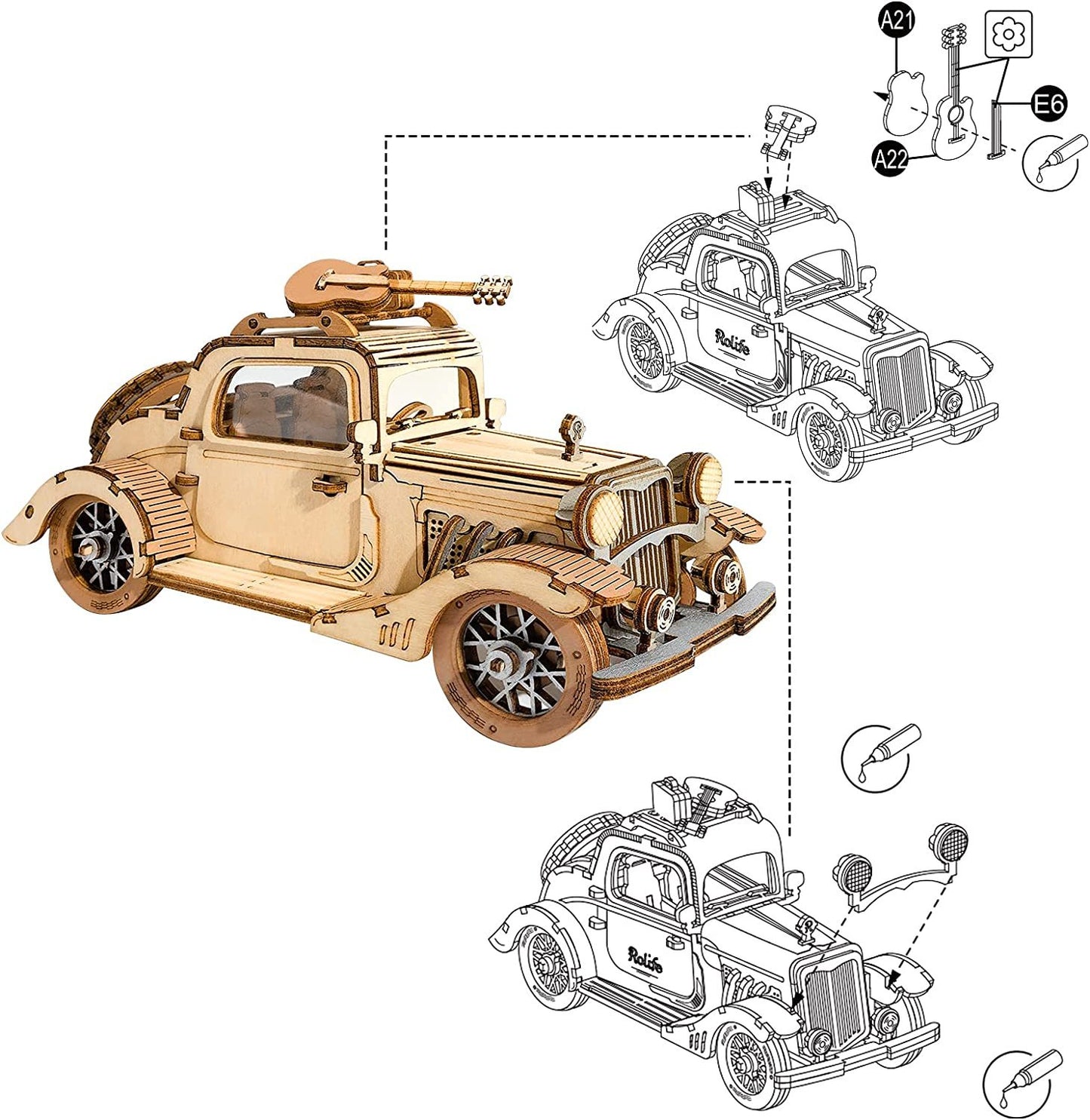 Robotime Rolife Vintage Automodell 3D Holzpuzzle Spielzeug für Kinder