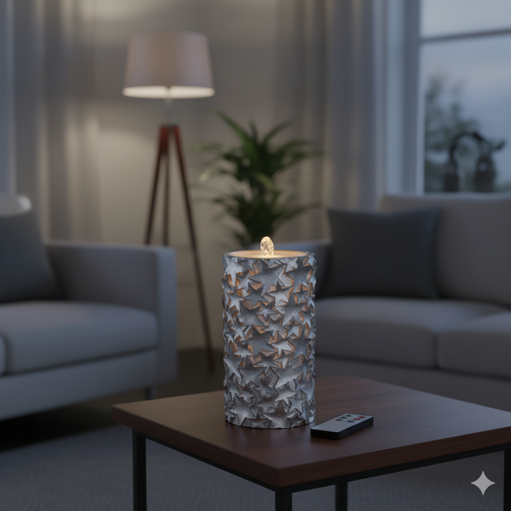 AM Design Brunnen Silber Sterne mit Fernbedienung, Beleuchtete Wasserfontäne