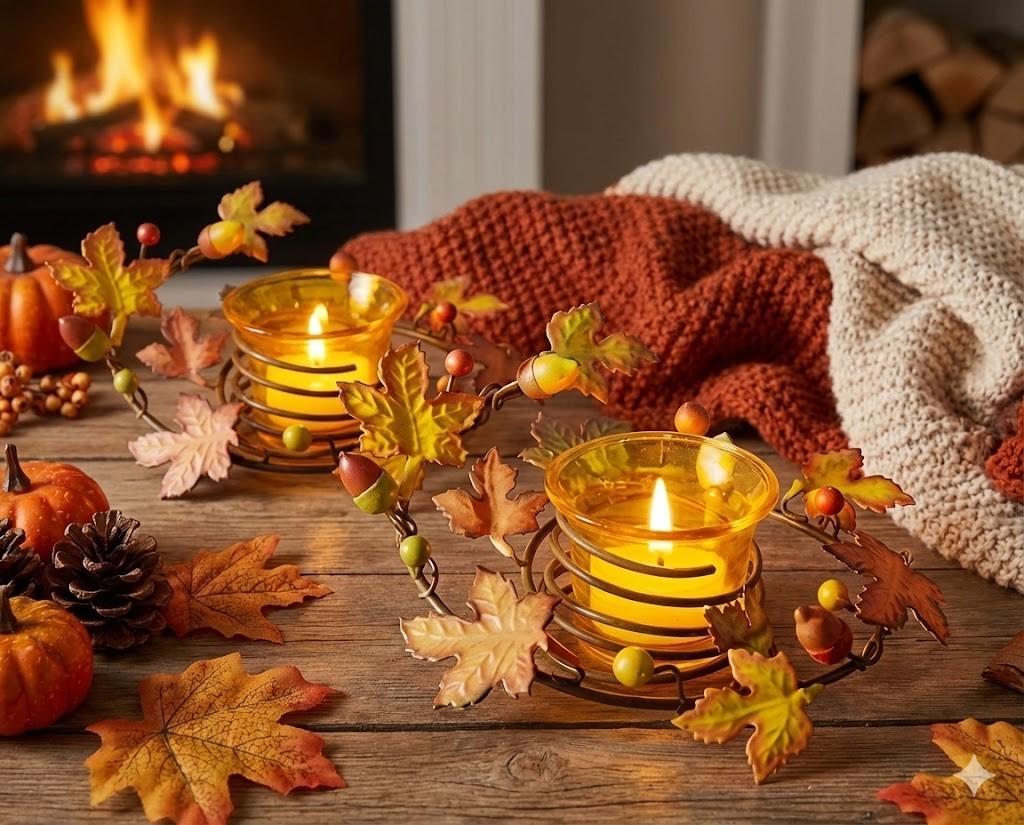 Ideenshop Windlichter "Herbstlaub" 2er-Set | Teelichthalter Deko