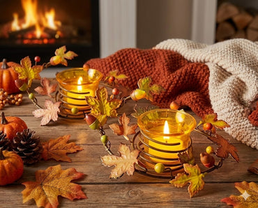 Ideenshop Windlichter "Herbstlaub" 2er-Set | Teelichthalter Deko