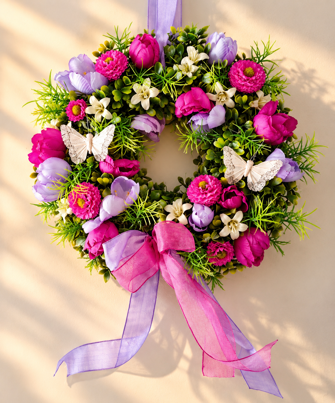 Türkranz Blumenkranz Rosa Lila 25 cm Schmetterlinge Frühlingskranz Deko C3