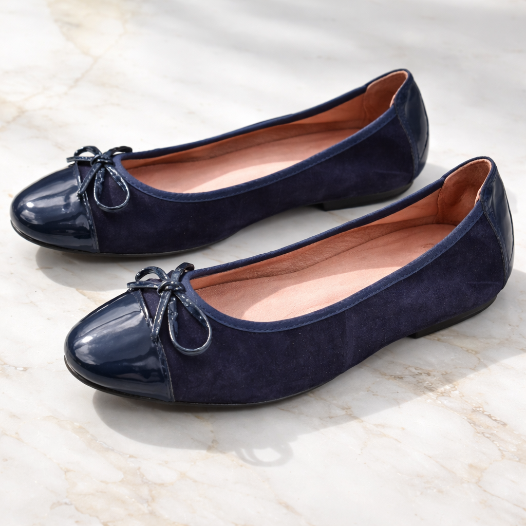 JOLANA & FENENA Damen Ballerinas Dunkelblau Leder Lack Schleife Schuhe G2