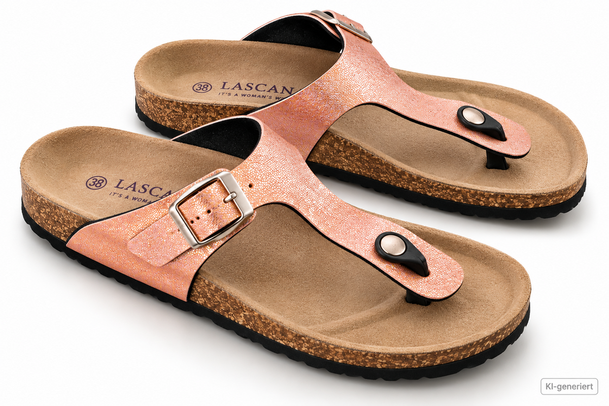 LASCANA Damen Zehentrenner Gr. 38 Roségold Glitzer Korkfußbett Sandale G2