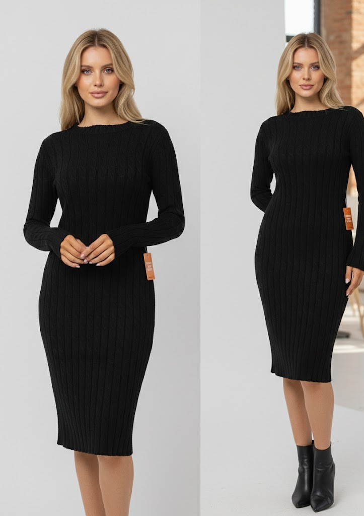 EVA LUTZ Kleid Damen Gr. 40 Schwarz Stehkragen Zopfstrick Elegant Strickkleid D3