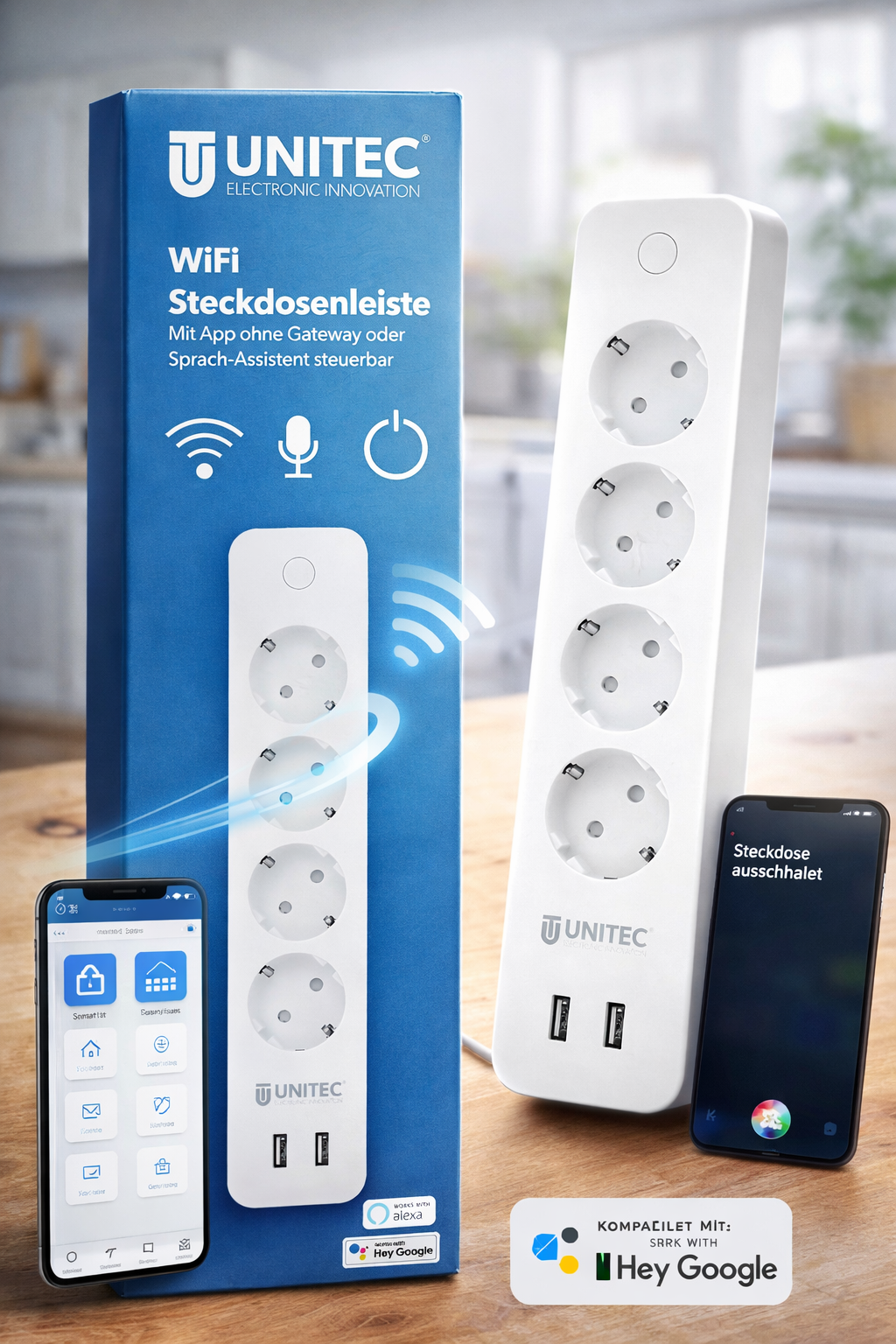 UNITEC 30798 WLAN Steckdosenleiste – 4+2-fach, App & Sprachsteuerung, USB