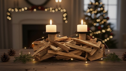 Kerzenhalter Holz 32cm Modern Kerzenständer für 2 Kerzen Natur Deko Wohnraum E