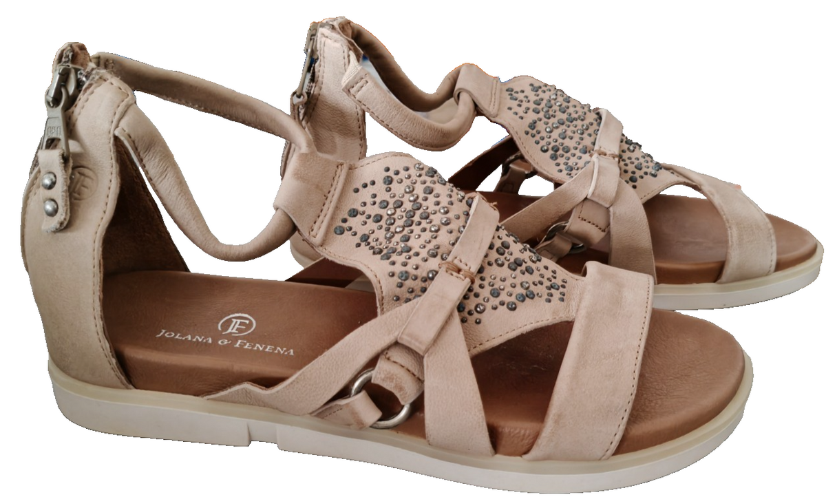 Jolana & Fenena Damen Sandalen Gr. 39 Beige Leder Strass Reißverschluss G2