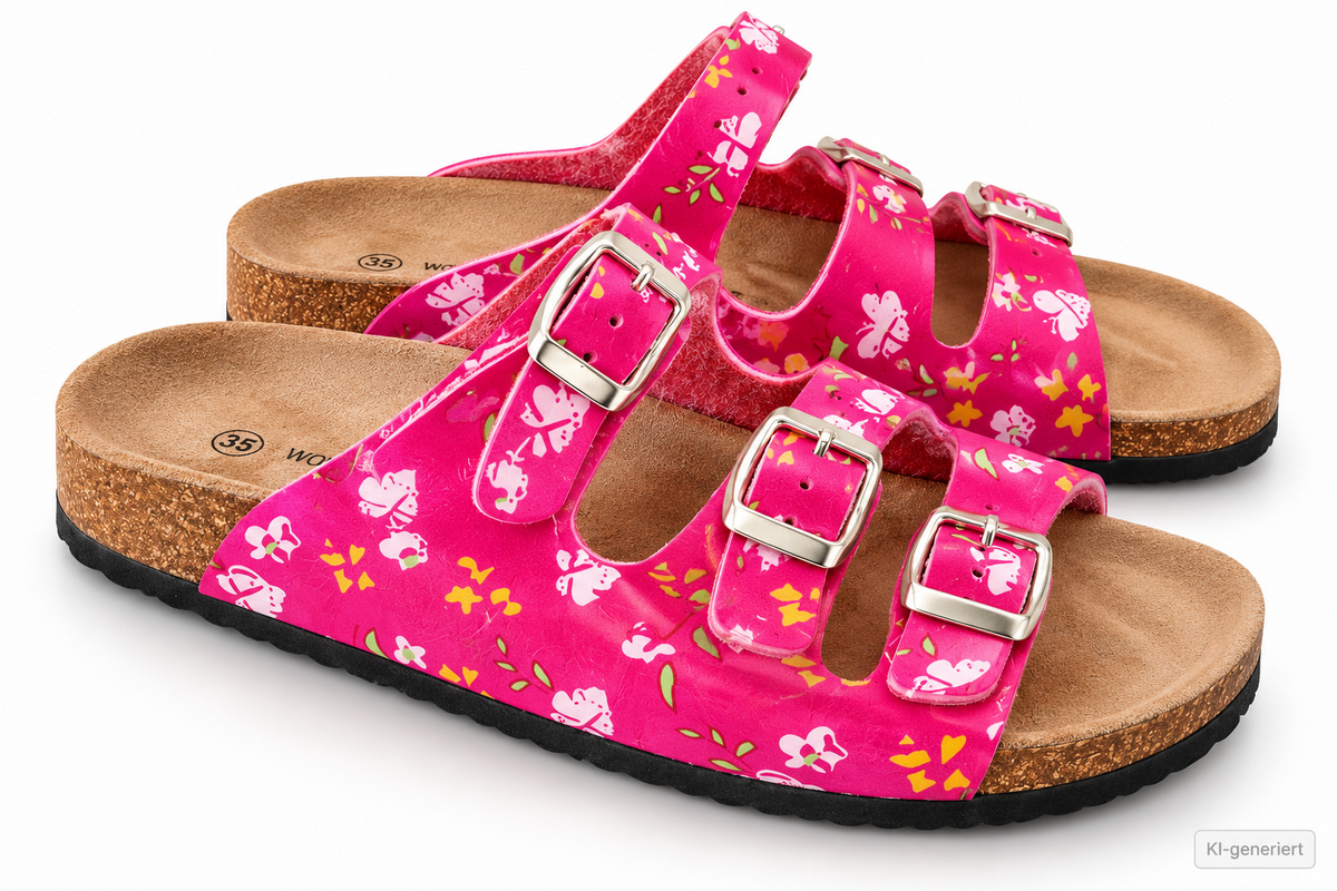 MONSOLOSO Damen Pantolette Gr. 35 Pink Blumen 3 Schnallen Korkoptik Sandale G2