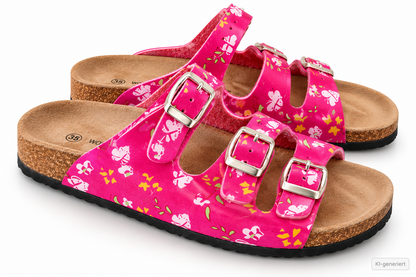 MONSOLOSO Damen Pantolette Gr. 35 Pink Blumen 3 Schnallen Korkoptik Sandale G2