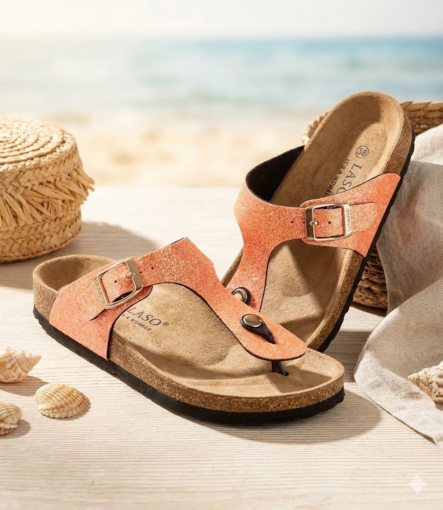 LASCANA Damen Zehentrenner Gr. 38 Roségold Glitzer Korkfußbett Sandale G2