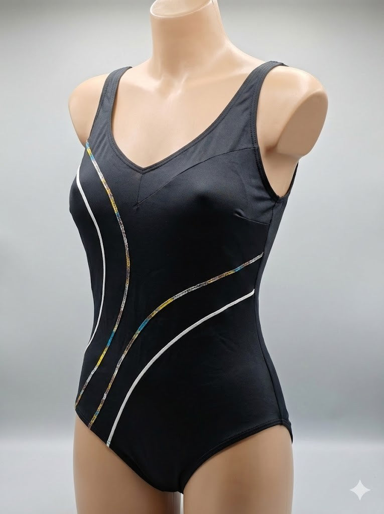 LITTLE ROSE Badeanzug Schwarz 44B Softcups Figurformend V-Ausschnitt Damen