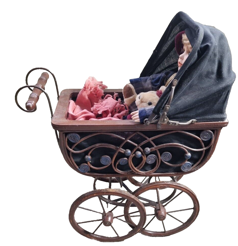 Sammlerpuppe Junge mit Puppenwagen Nostalgie Porzellanpuppe 2 Teddybären