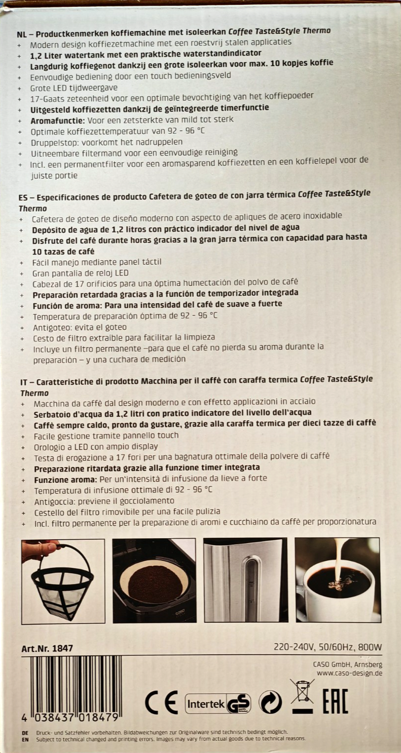 Caso 1847 Coffee Taste & Style Thermo Kaffeemaschine 1,2L Timer LED B03