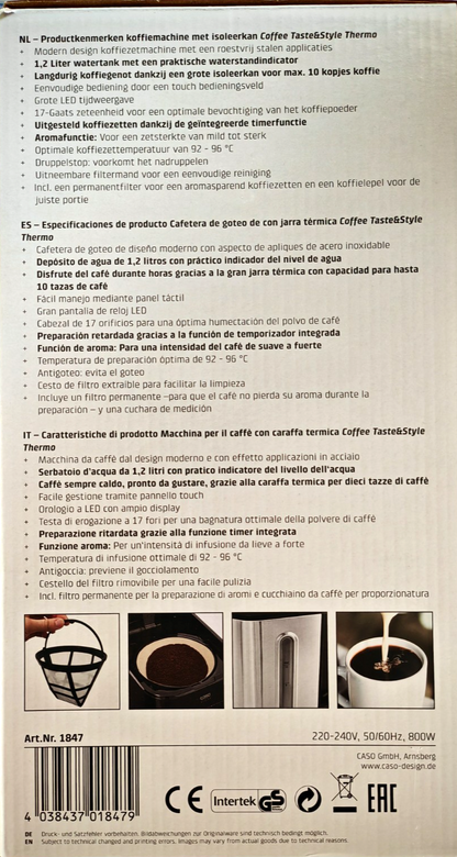 Caso 1847 Coffee Taste & Style Thermo Kaffeemaschine 1,2L Timer LED B03