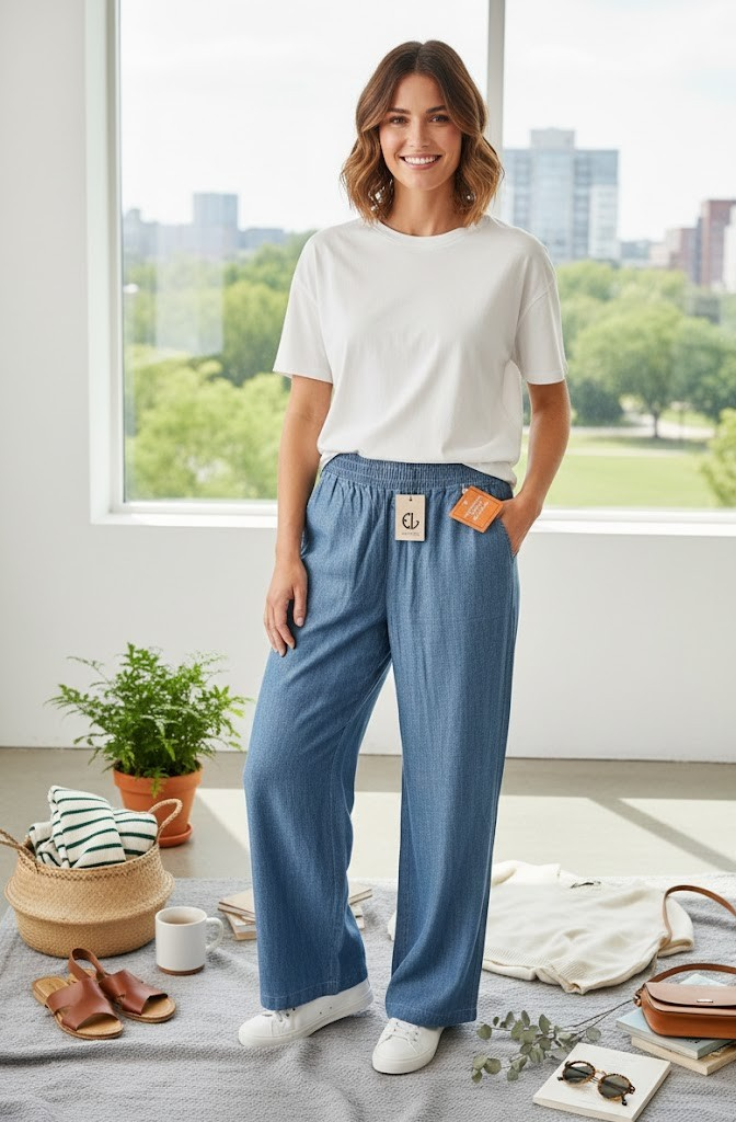 Eva Lutz Hose Lange Form Rundumdehnbund 2 Eingrifftaschen Blau Damen Gr. 46