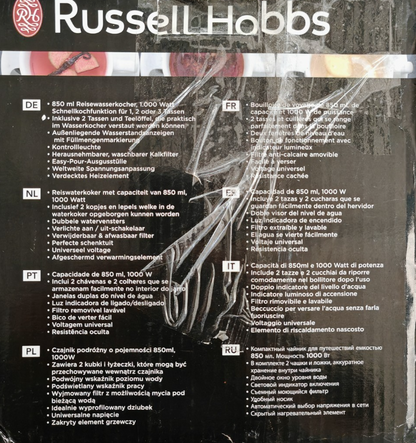 Russell Hobbs Reisewasserkocher 0,85L 1000W 2 Tassen Camping Weiß B8