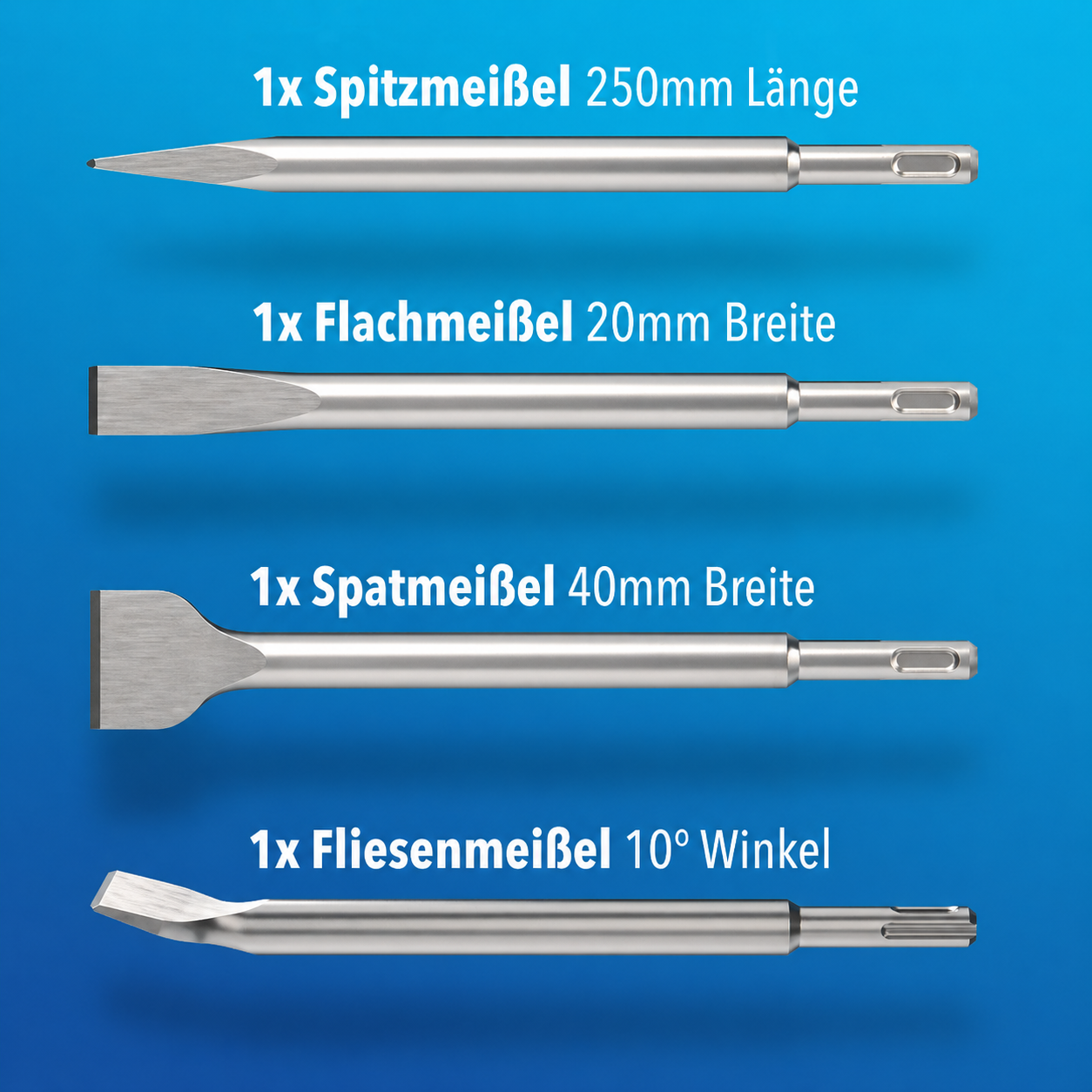 SDS Plus Meißel Set 4tlg Fliesenmeißel Flach Spitz Bohrhammer Set