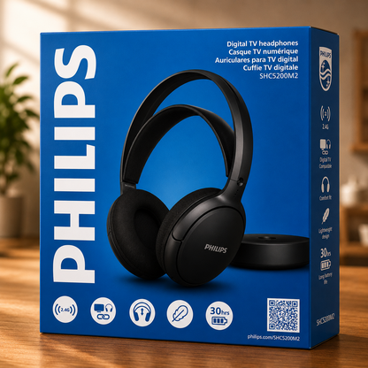 Philips SHC5200M2 TV Kopfhörer kabellos 30h Akku 30m Reichweite Schwarz A-08