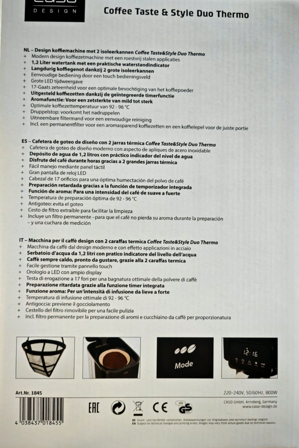 Caso Coffee Taste & Style Duo Thermo Kaffeemaschine 2 Kannen Timer Touch C03