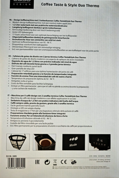 Caso Coffee Taste & Style Duo Thermo Kaffeemaschine 2 Kannen Timer Touch C03