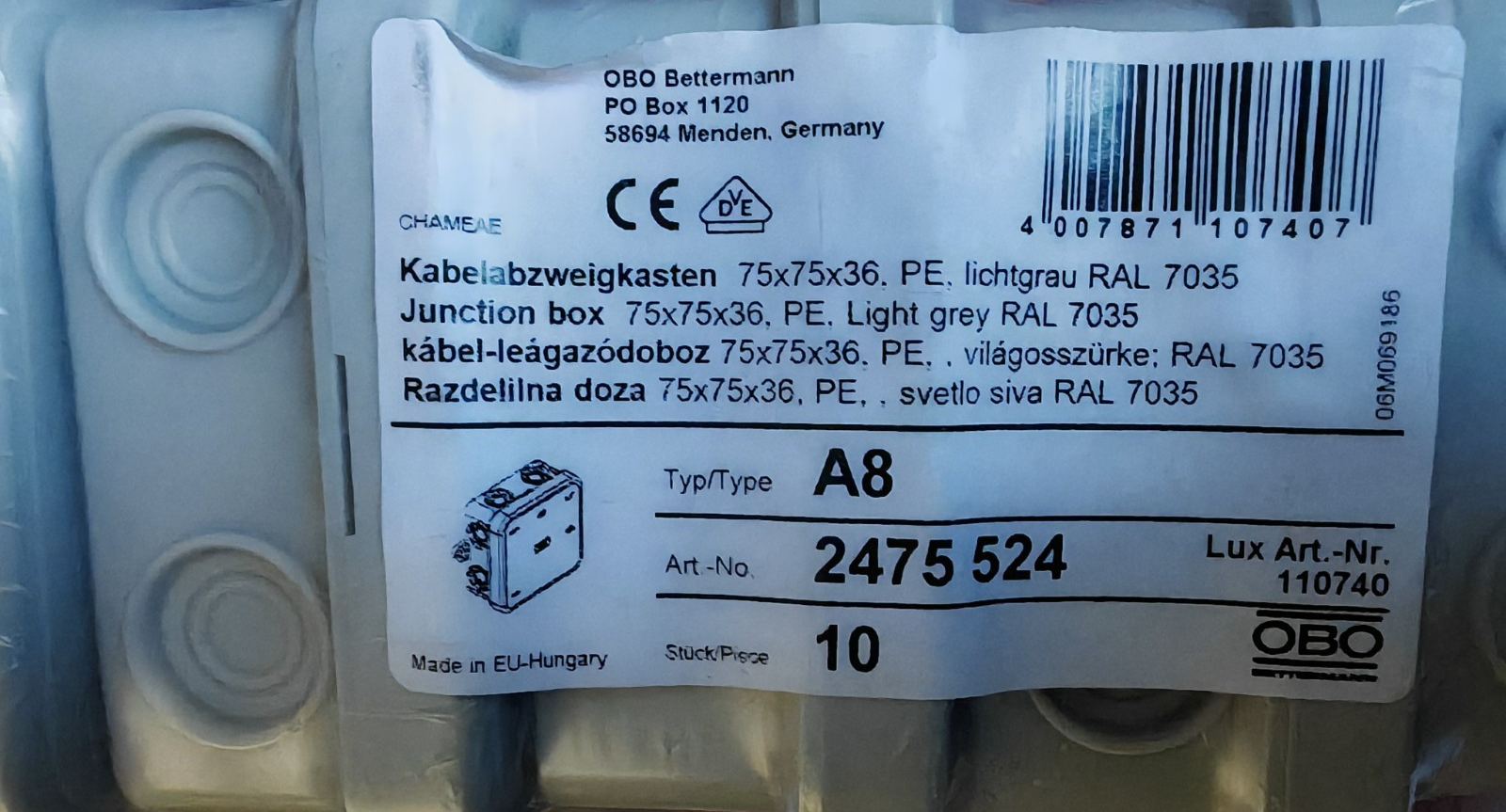 OBO Kabelabzweigkasten 75x75x36 mm PE lichtgrau IP54 9 Stück Set