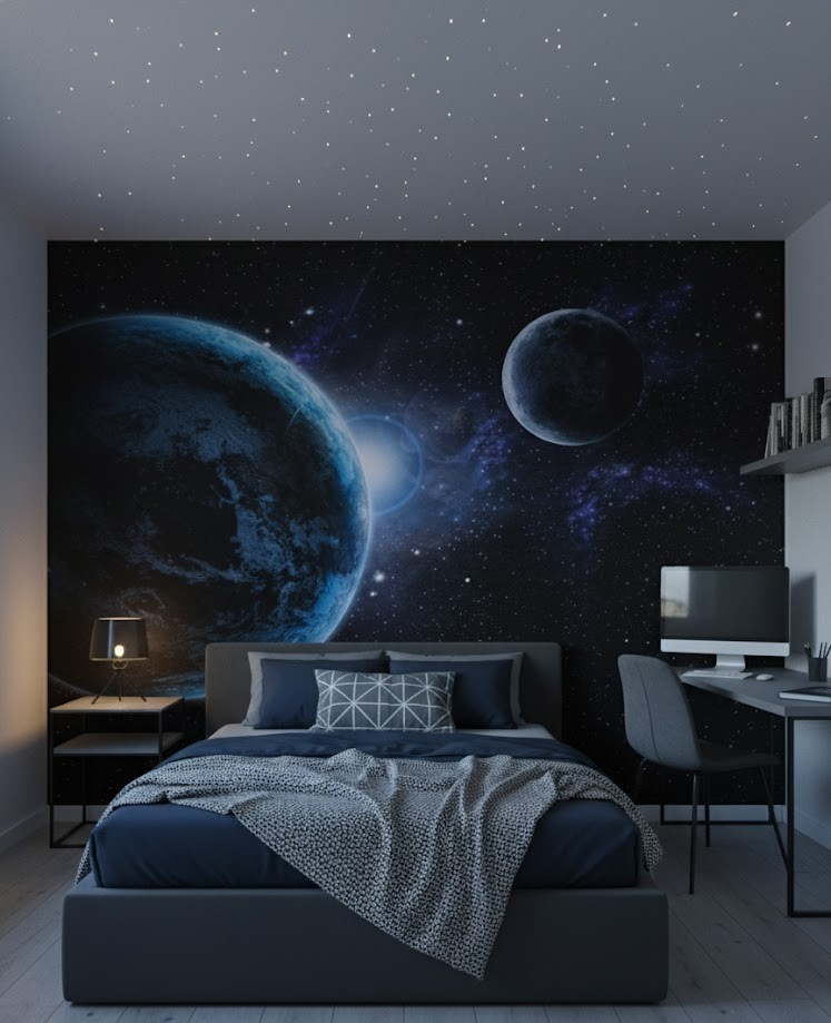 enmKi Fototapete Weltraum Planeten 200x140cm Vlies Tapete Premium Plus Blau E2