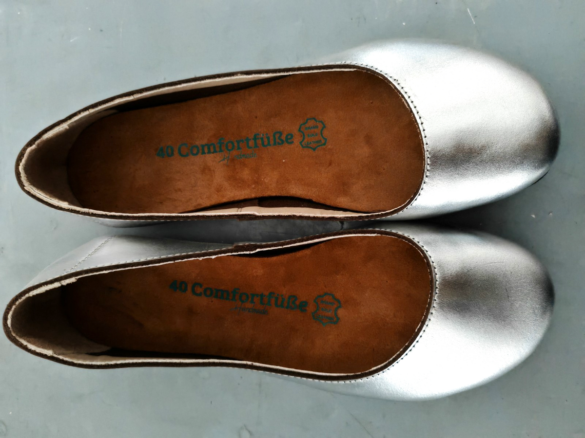 Comfortfüße Damen Ballerinas Gr. 40 Silber Echtleder Korksohle Leder Schuhe G2