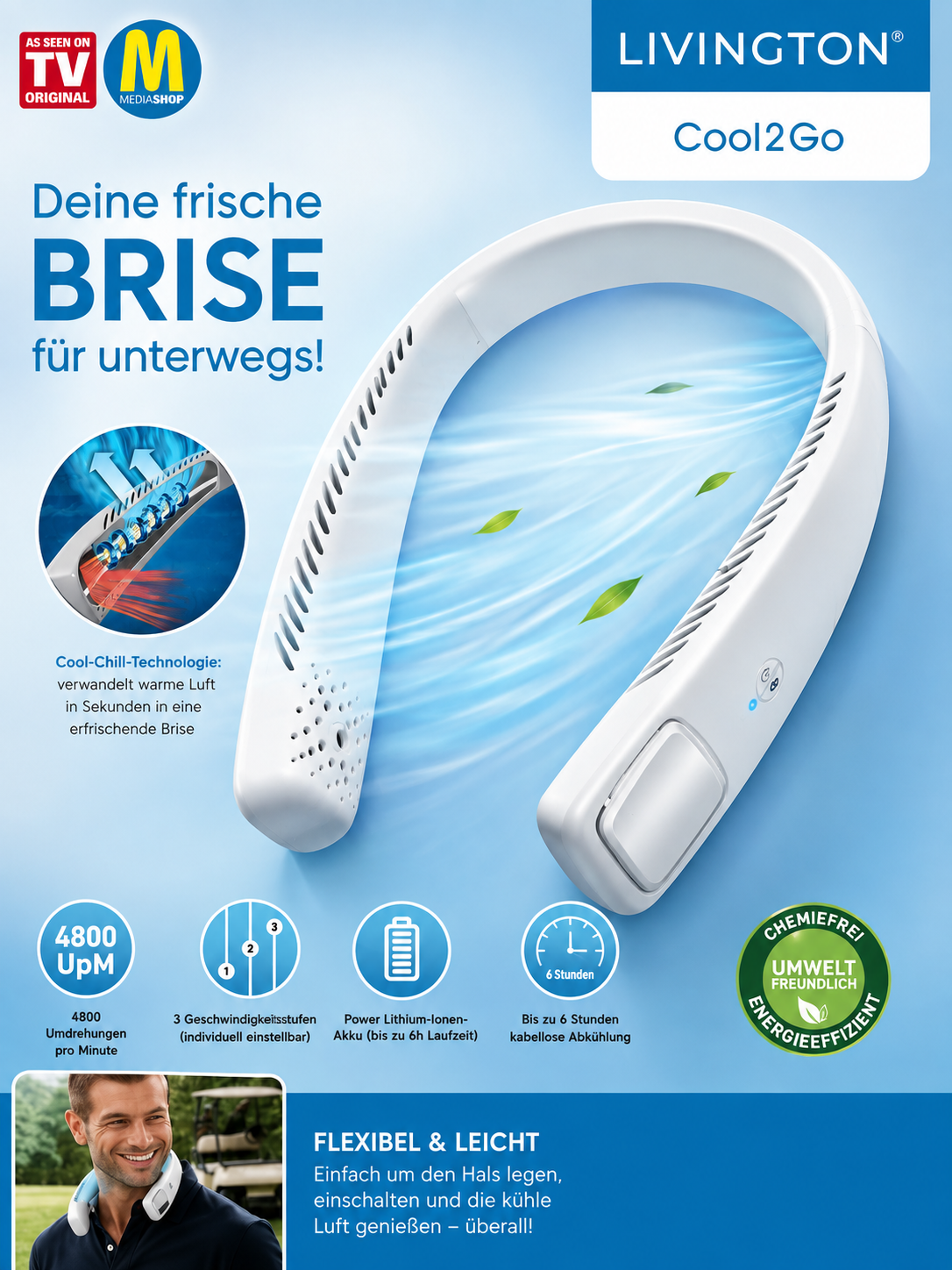 LIVINGTON Cool2Go Nackenventilator Tragbarer Ventilator USB 3 Stufen 6h Akku C6