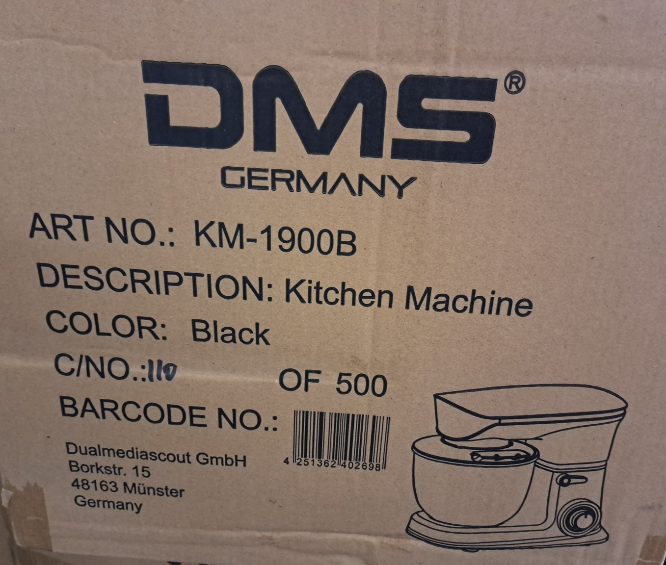 Küchenmaschine Rührmaschine Knetmaschine Teigkneter Schwarz 6L 1900 W DMS