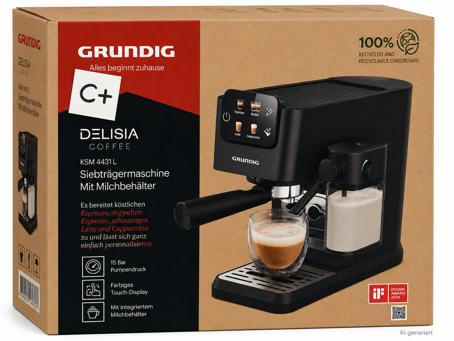 Grundig KSM 4431 L Siebträgermaschine 15 Bar Milchbehälter Touch Display D8