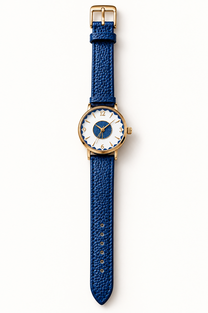 Armbanduhr Blau Gold Analog Quarz Unisex Damen Herren Lederoptik Elegant A-09