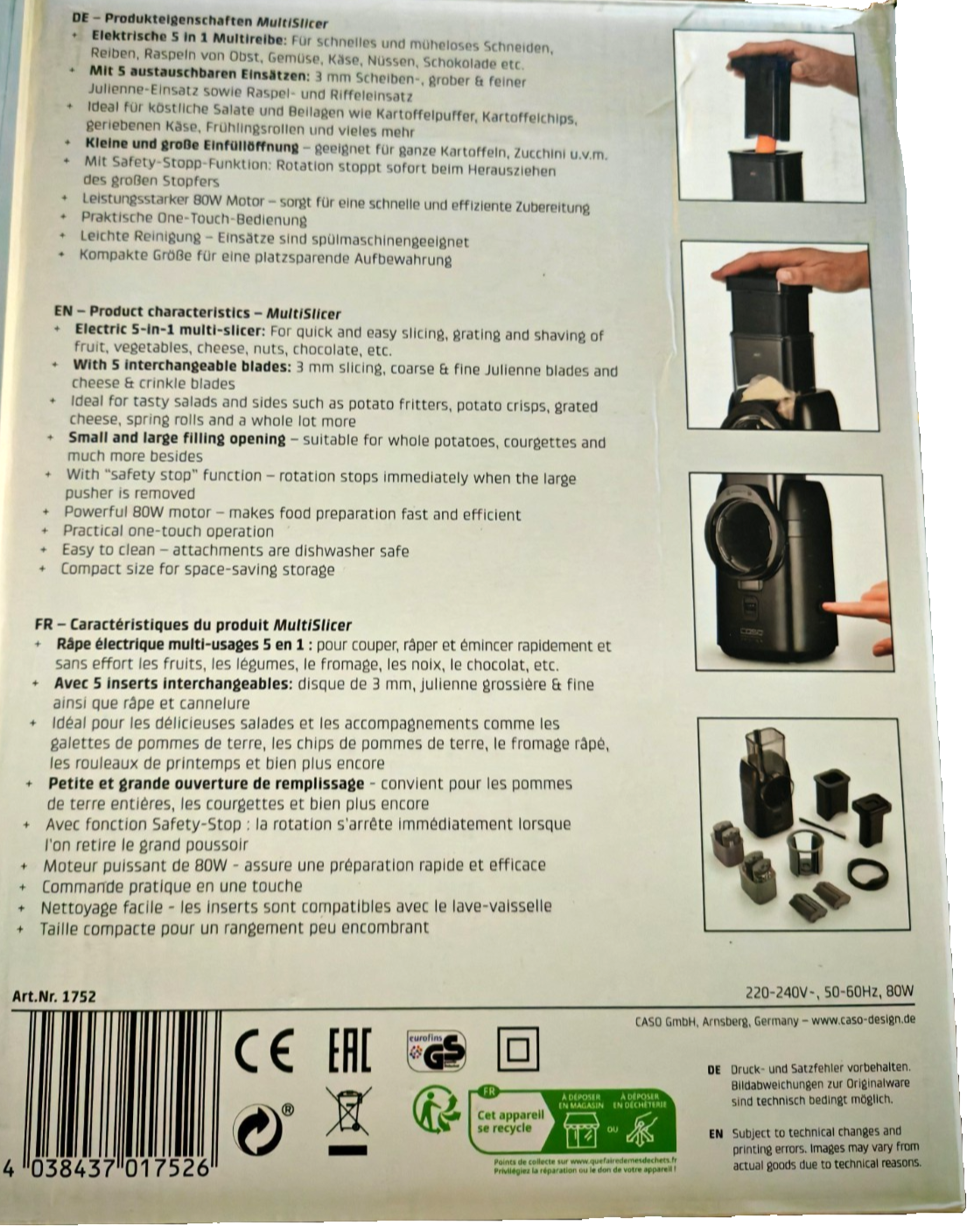 CASO MultiSlicer 5in1 Multireibe Elektrisch Gemüse Käse Reibe 80W Set B-03