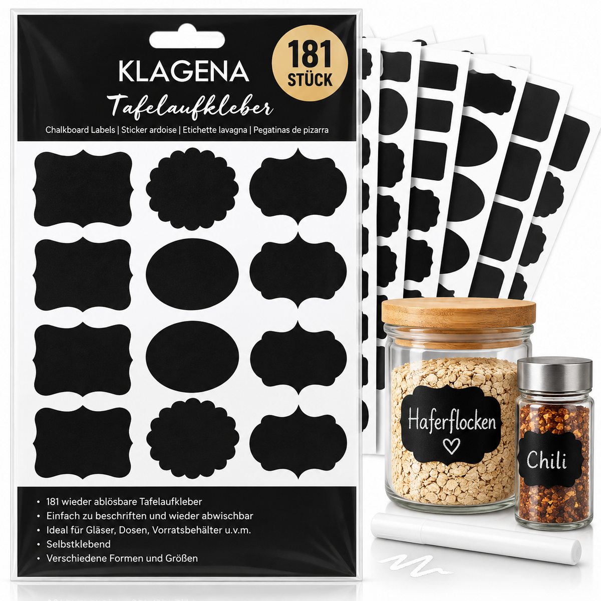 KLAGENA 181 Tafelaufkleber Etiketten Kreideetiketten + Kreidestift Schwarz HA13