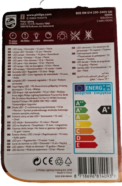 Philips Vintage LED Kerzenlampe E14 5W 32W 350lm 2200K Dimmbar Filament HA34