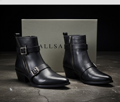AllSaints Lior Damen Stiefeletten Leder Schwarz Zip Boots Schnallen Gr. 40 G1