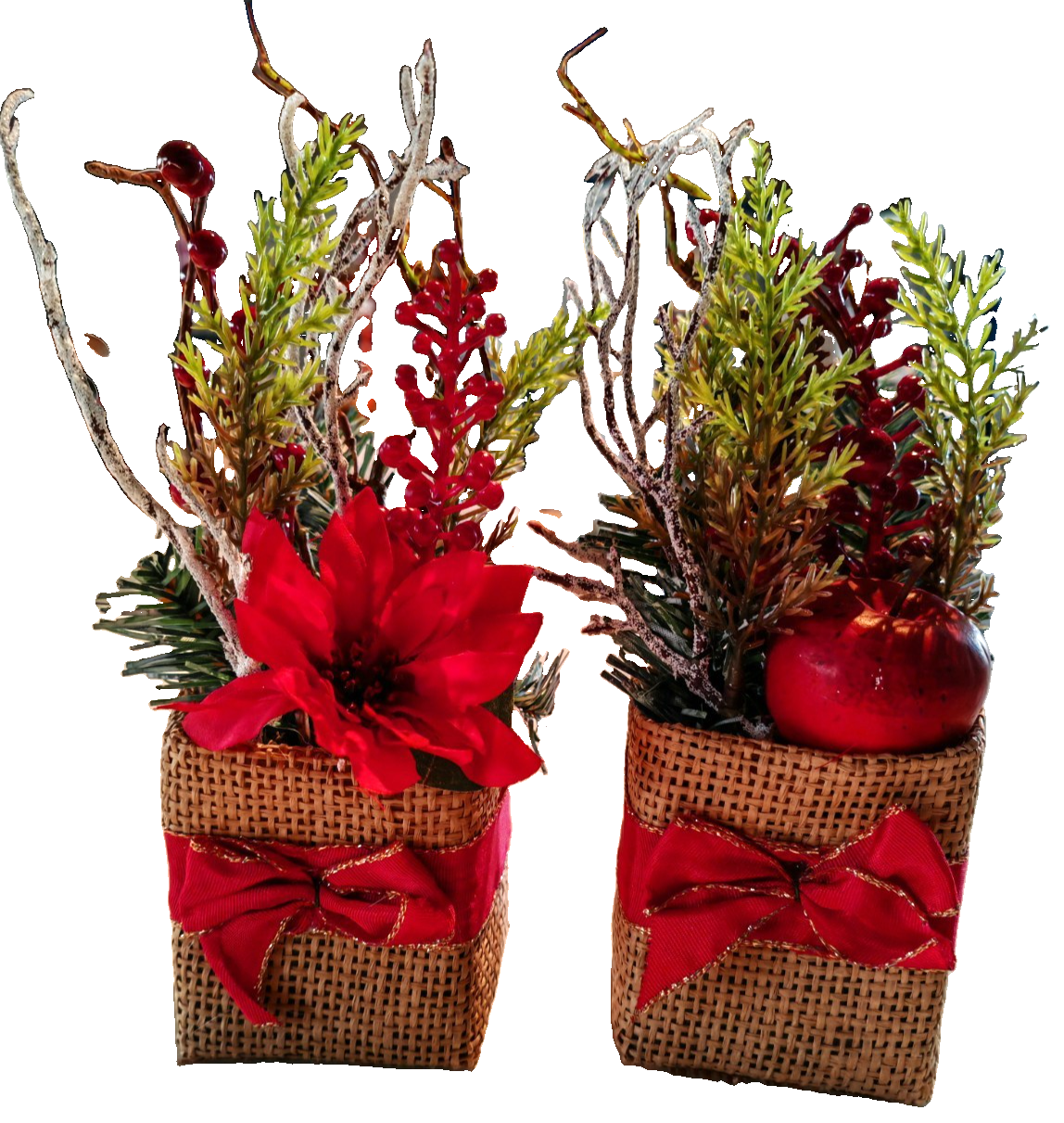 Weihnachtsgesteck 2er Set Kunstpflanzen Weihnachtsdeko Jutesack Rot ca. 20cm A31