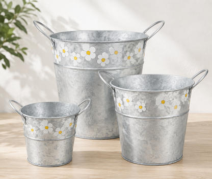 Belle Vous Mini Eimer 3er Set Verzinkt Silber Blumentopf Übertopf Deko Eimer F5