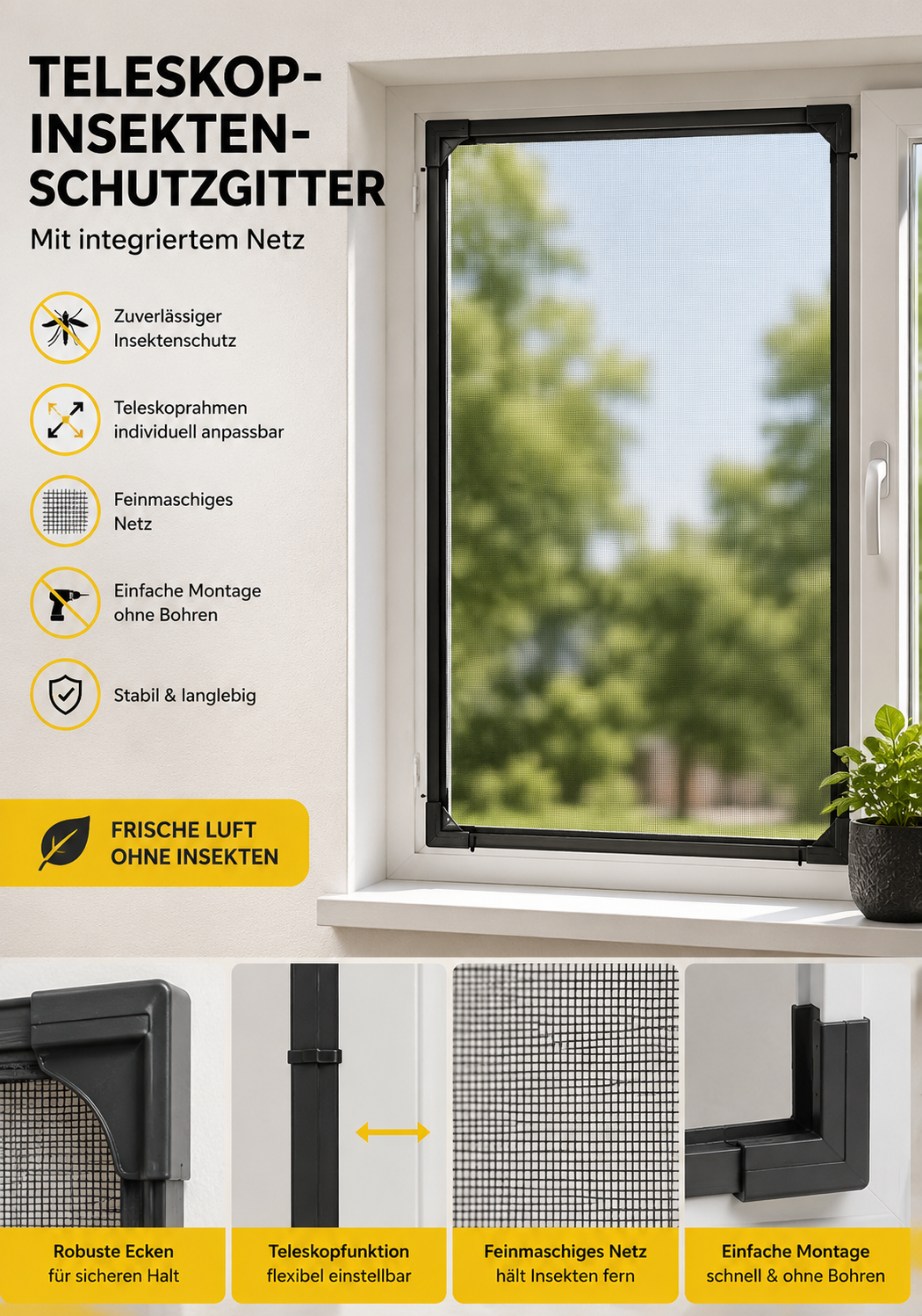 EASYmaxx Insect Protect Fliegengitter Fenster Teleskop Insektenschutz Netz B-02
