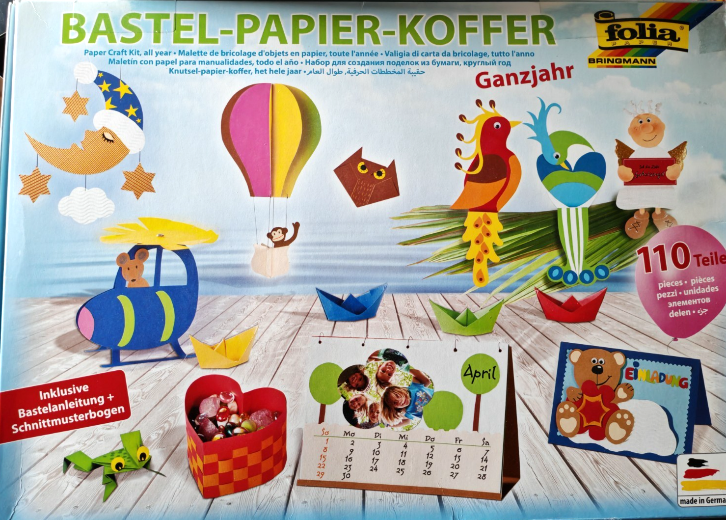 folia Bastelpapierkoffer 110 Teile – Ganzjahr Kreativ Set Kinder Basteln DIY