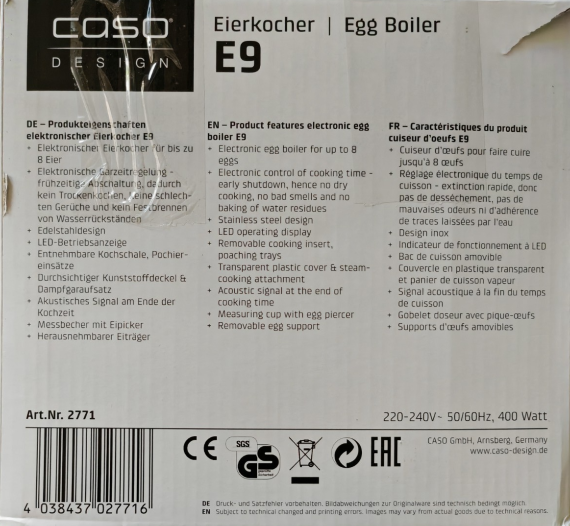 CASO E9 Eierkocher für 8 Eier Edelstahl Pochierer Eipicker Messbecher Signal C6